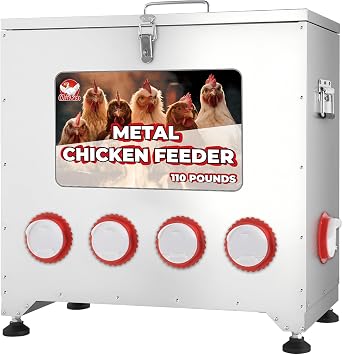 Sidasu 110 lbs Chicken Feeder No Waste-10 Port Large Chicken Feeder with Adjustable Height,Locking Lid,Rainproof-Metal Poultry Feeders for Chickens Sliver, 23.76 * 22.78 in