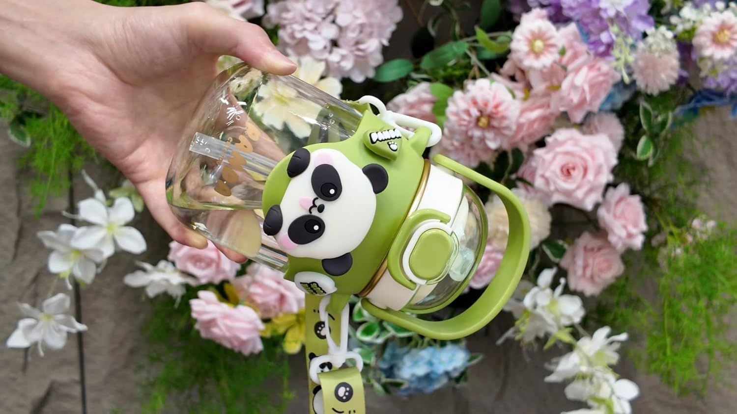 Landofgenie Straw Water Bottle, 28 oz, Adjustable Strap & Portable Handle Leakproof Cartoon Panda Water Bottle for School, Sports, Camping, Travel, Office (Green)