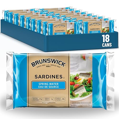 Brunswick Sardines in Spring Water - 106g, 18 Count - Canned Sardines – Excellent Source of Protein - 17g of Protein Per 84g Serving Drained – Contains Omega-3 – Source of Vitamin D – Source of Iron - 106 g (Pack of 18) - Canned Sardines