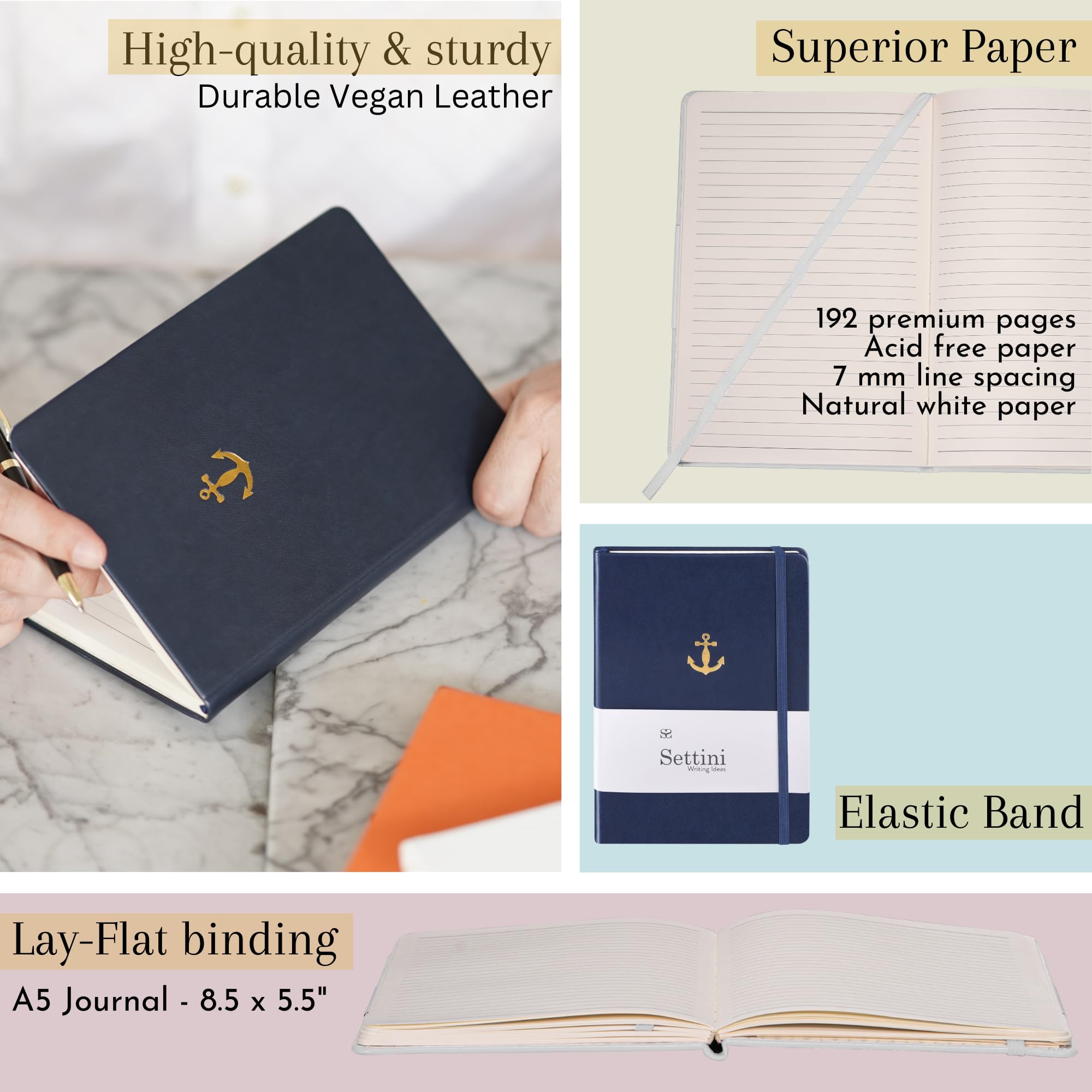SETTINI Lined Journal, A5 Vegan Leather Notebook, 192 Archival-Quality Pages, QuillEase Bleed-Free Paper - Image 3