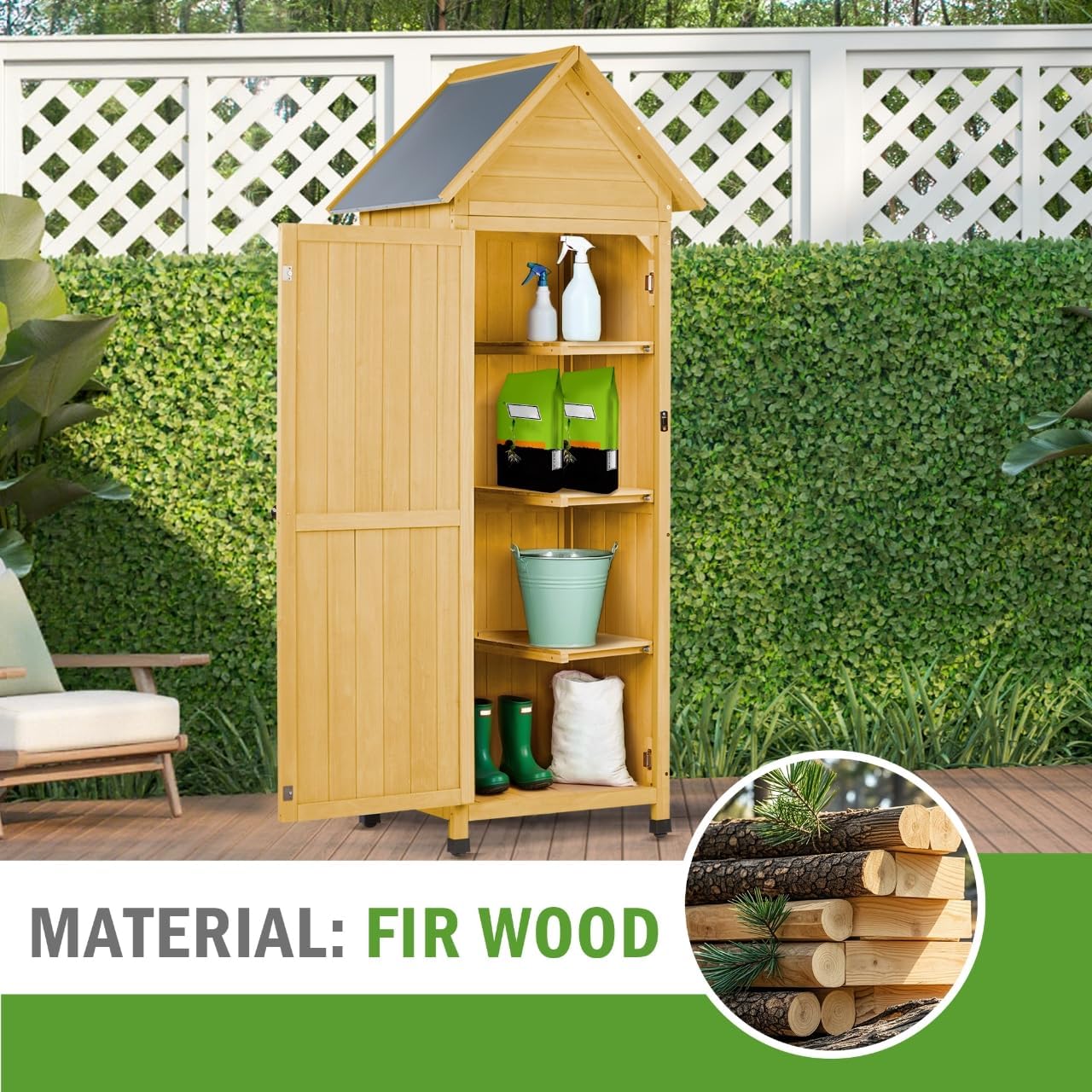 Narrow Outdoor Storage Cabinet, 67" Wooden Vertical Garden Tools Shed, Patio Storage Organizer with Latch & Waterproof Roof for Yard Deck Lawn Farmland Equipment(Yellow)
