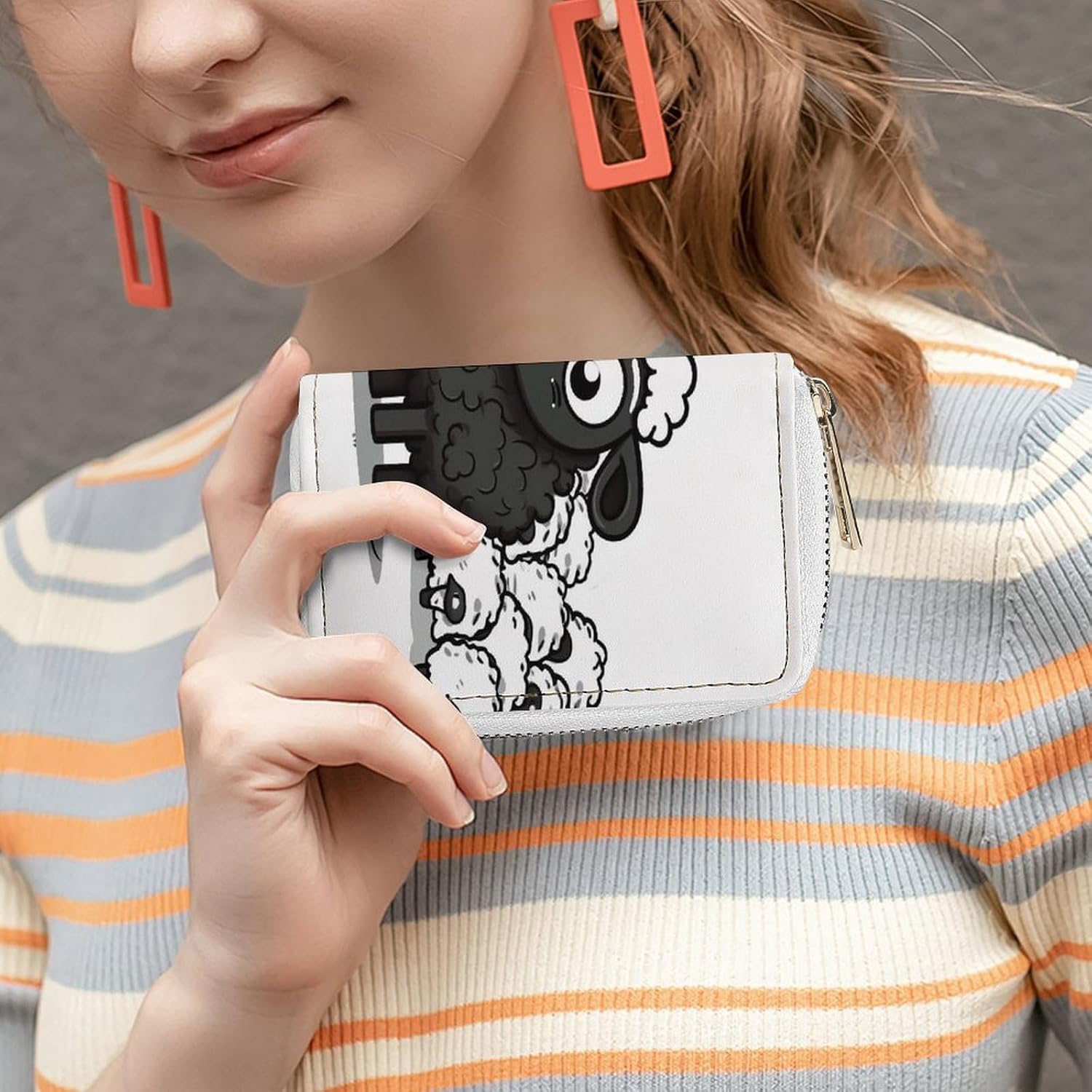 Leather Card Organizer Case Card Wallet Credit Card Holder Cartoon Black White Sheep Printed Zipper Card Cases Holder for Women Men