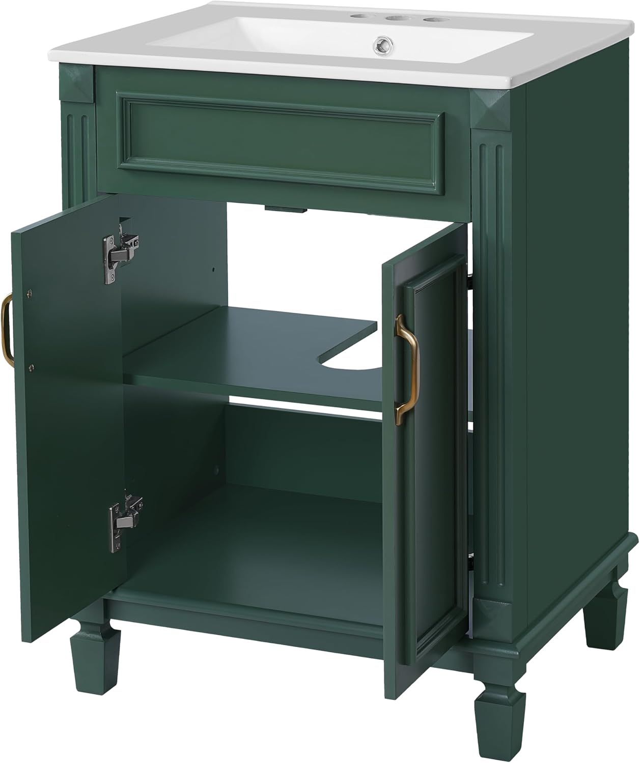 24 Inch Green Bathroom Vanity with Sink,Modern Bathroom Vanity with Intergrated Countertop & 2 Tier Storage Cabinet,Soft-Closing Doors with Gold Handles,Adjustable Shelf,Solid Wood Frame