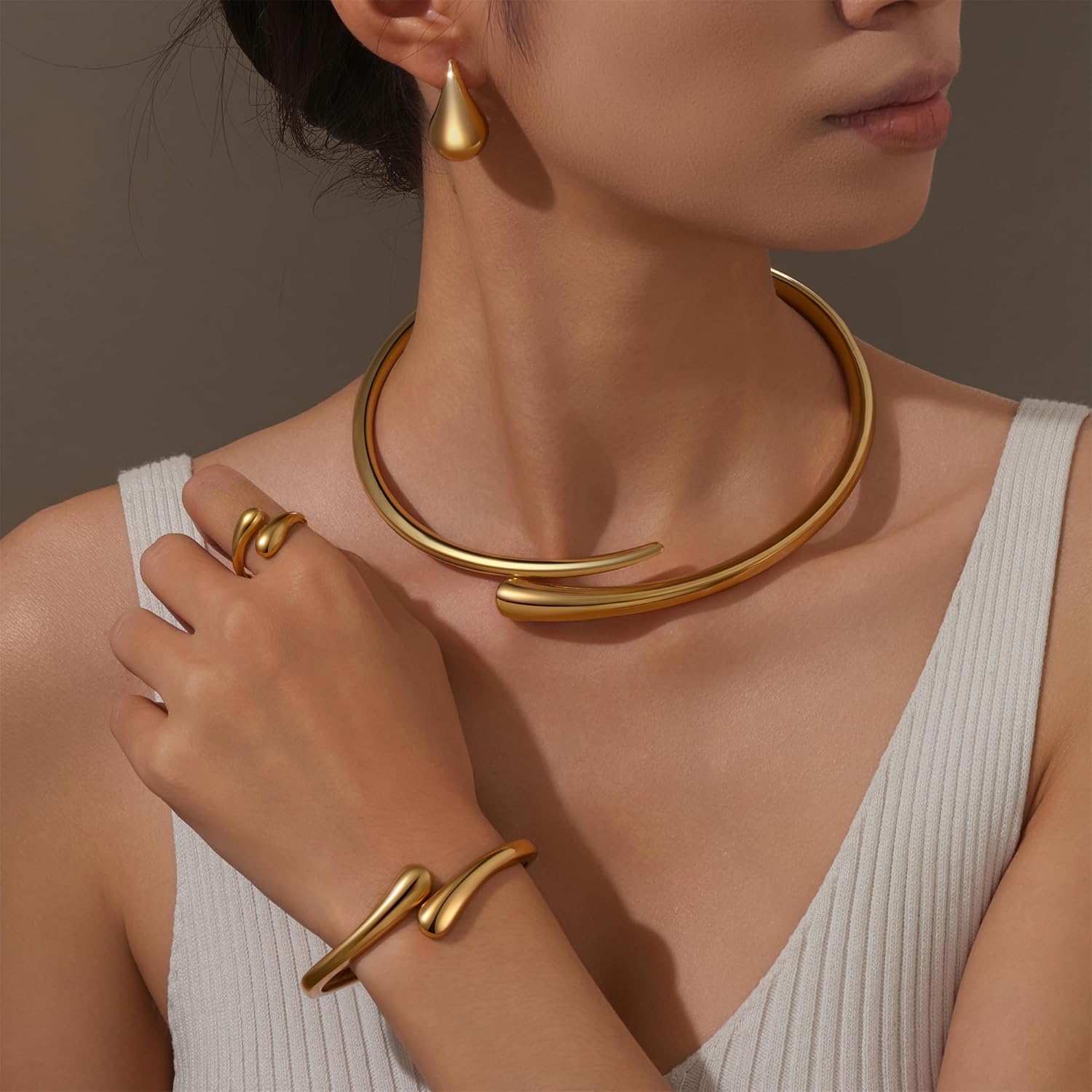 JEWELON 4 Pcs Statement Jewelry Set for Women – 18K Gold Plated Teardrop Necklace, Gold Drop Earrings, Bold Rings & Cuff Bracelets, Elegant Jewelry Gifts for Women - Image 2