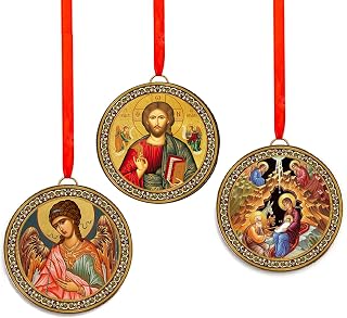 Christmas Ornaments Nativity Scene, Christ Bessings, Holy Family, Virgin Mary, Guardian Angel, Wooden 2 Sided Ornaments, Orthodox Catholic Icons, 2 Inch Diam