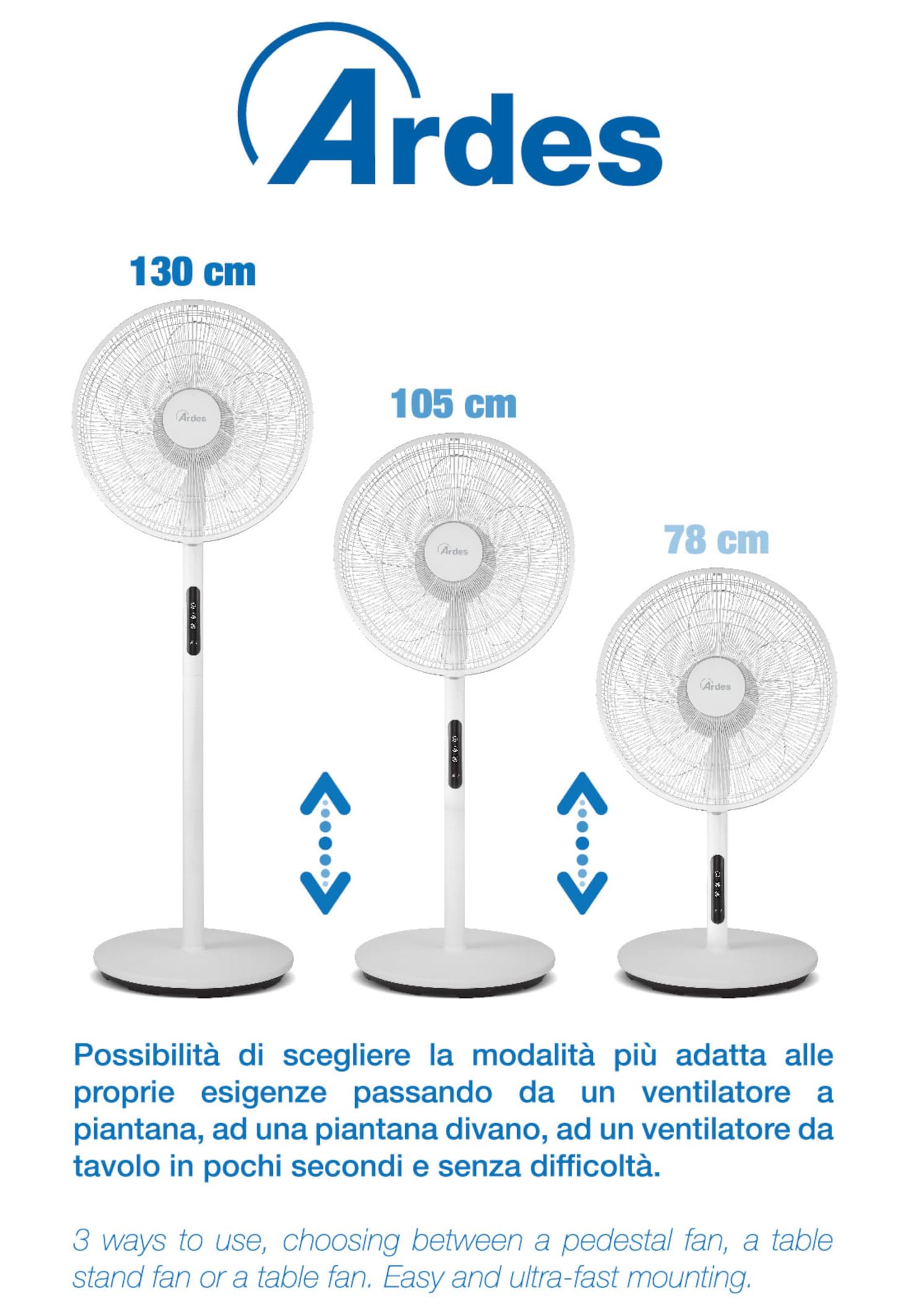 Ardes HURACAN Ventilatore Multifunzionale 60W 45 cm 3 in 1 da Pavimento e Tavolo con Oscillazione Automatica, Inclinazione Regolabile, 4 Velocità, Timer 9 h, mando e 5 Pale