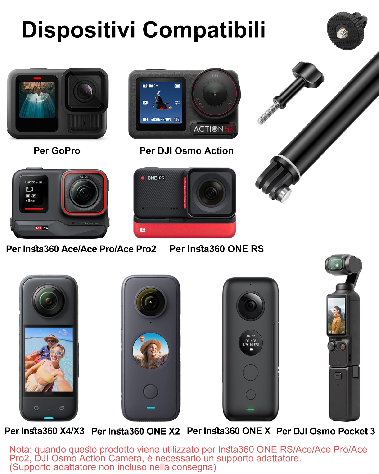 92cm Bastone Subacquea per GoPro, Asta Telescopico per Immersioni per GoPro Hero 13/12/11/10/9, DJI Osmo Pocket 3, Osmo Action 5 Pro/4, Insta360 Ace Pro, AKASO EK7000 Pro e altre Action Camera