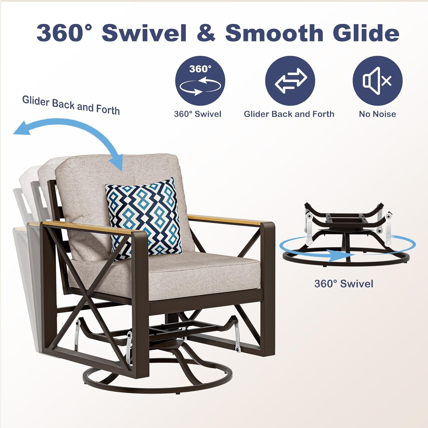 Aluminum Patio Furniture Set, 5 Piece Outdoor Metal Furniture Set w/Rocking Swivel Chairs, 7 Seats Balcony Conversation Sets with Coffee Table, Thick Cushions for Backyard, Poolside, Beige