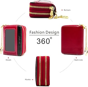 Genuine Leather RFID Double Zipper Card Wallet for Women and Men, Red | Compact accordion wallet with 12 card slots, 4 cash slots, coin pocket, ID window and keychain for travel and daily carry