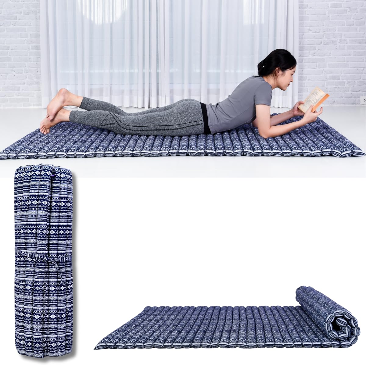 Leewadee Rollable Floor Mat L – Comfortable and Rollable Thai Mattress, Soft Massage Mat Filled with Eco-Friendly Kapok, 190 x 100 cm, black