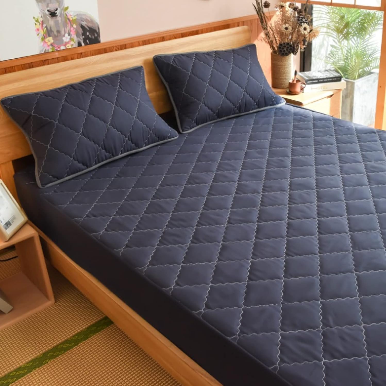 Fitted Sheet Queen,Quilted Waterproof Solid Color Mattress Protector, Bedroom Hotel Homestay Guest Room Fitted Sheets for Single Double Beds (Dark Grey 150 * 200cm)