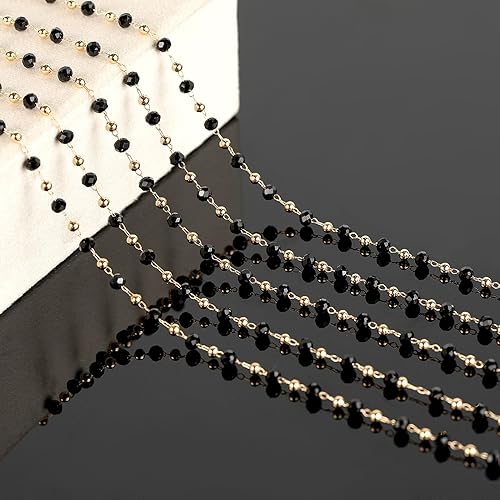 Miniatura 5 de KYUNHOO Cadena de cuentas negras de 16.4 pies para hacer joyas, cadena de rosario de latón chapado en oro en carrete con palmadas de langosta y