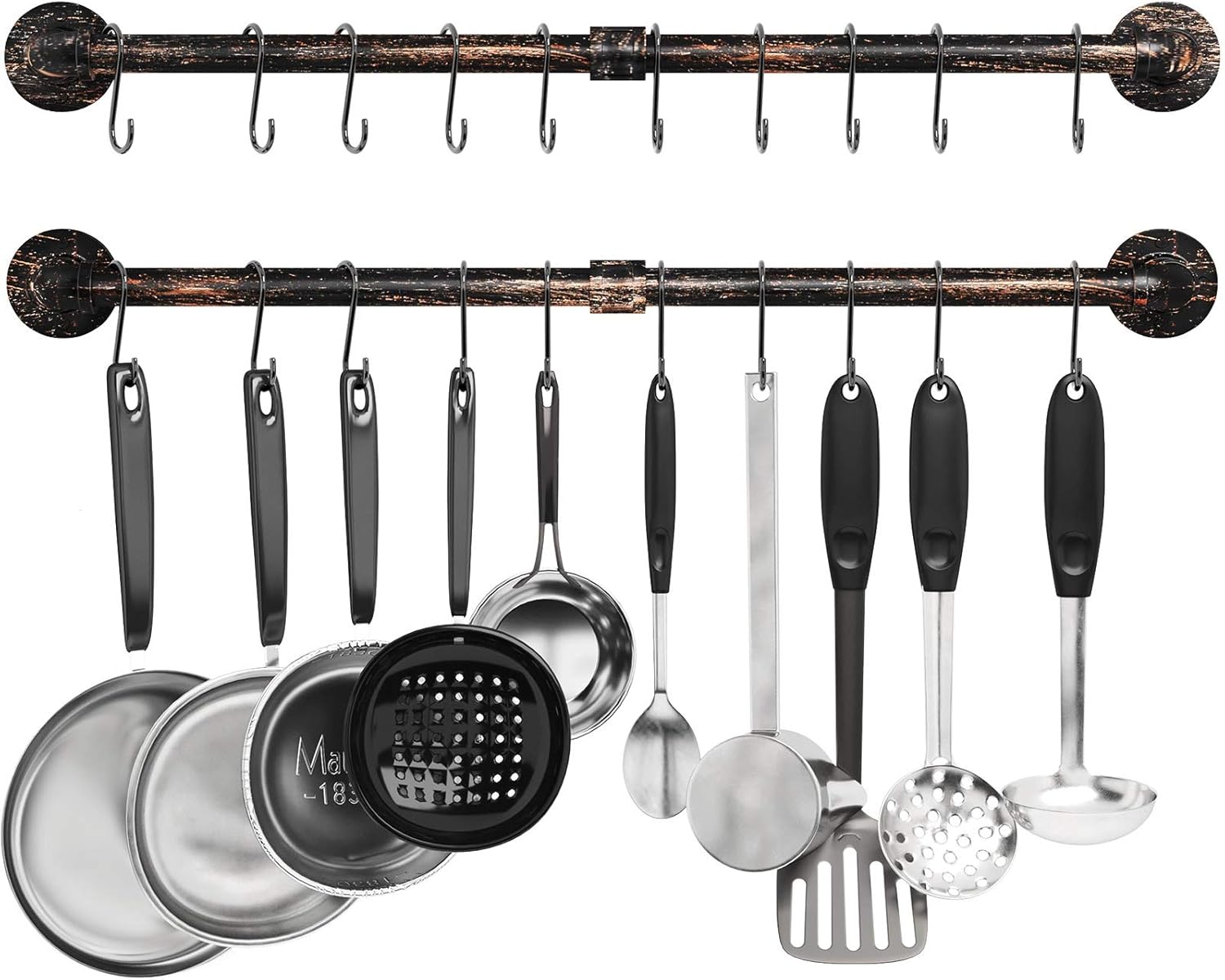 Greenstell Pot Rack with 14 S Hooks, 37 inch Wall Mounted Hanging Pot Rack, Industrial Pipe Hanging Rail for Kitchen Pot & Pan Lids, Multi Functional Wall Mounted Organizer Rack (Black 2 Pack) : Home & Kitchen