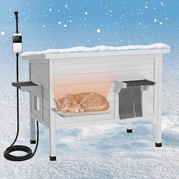 Ciokea Heated Outdoor Cat House with Heating Pad - Weatherproof Insulated Feral Cat Shelter for Winter, Escape Door & PVC Curtain, White