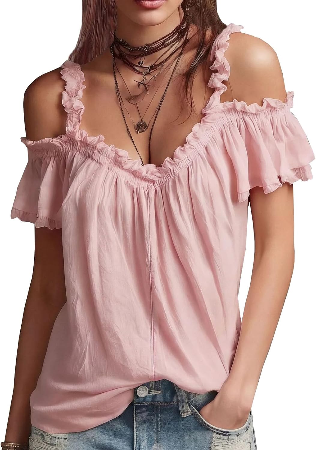 Summer Cold Shoulder Tops for Women V Neck Ruffle Short Sleeve Cute Going Out Shirts Casual Loose Fit Ruched Blouses