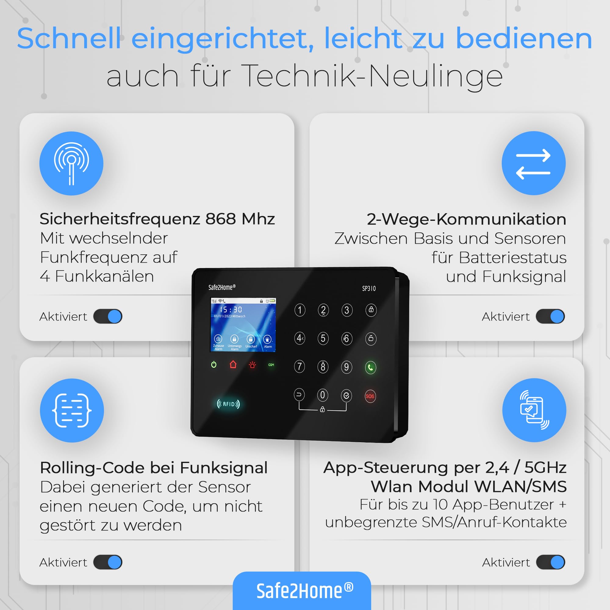 Safe2Home® SP310 Funk Alarmanlage Komplett Set - TÜV-Rheinland zeritifizierte Basis – App Steuerung per LTE SMS WLAN Alarmsystem 868Mhz - Smart-Home kompatibel für Haus und Gewerbe