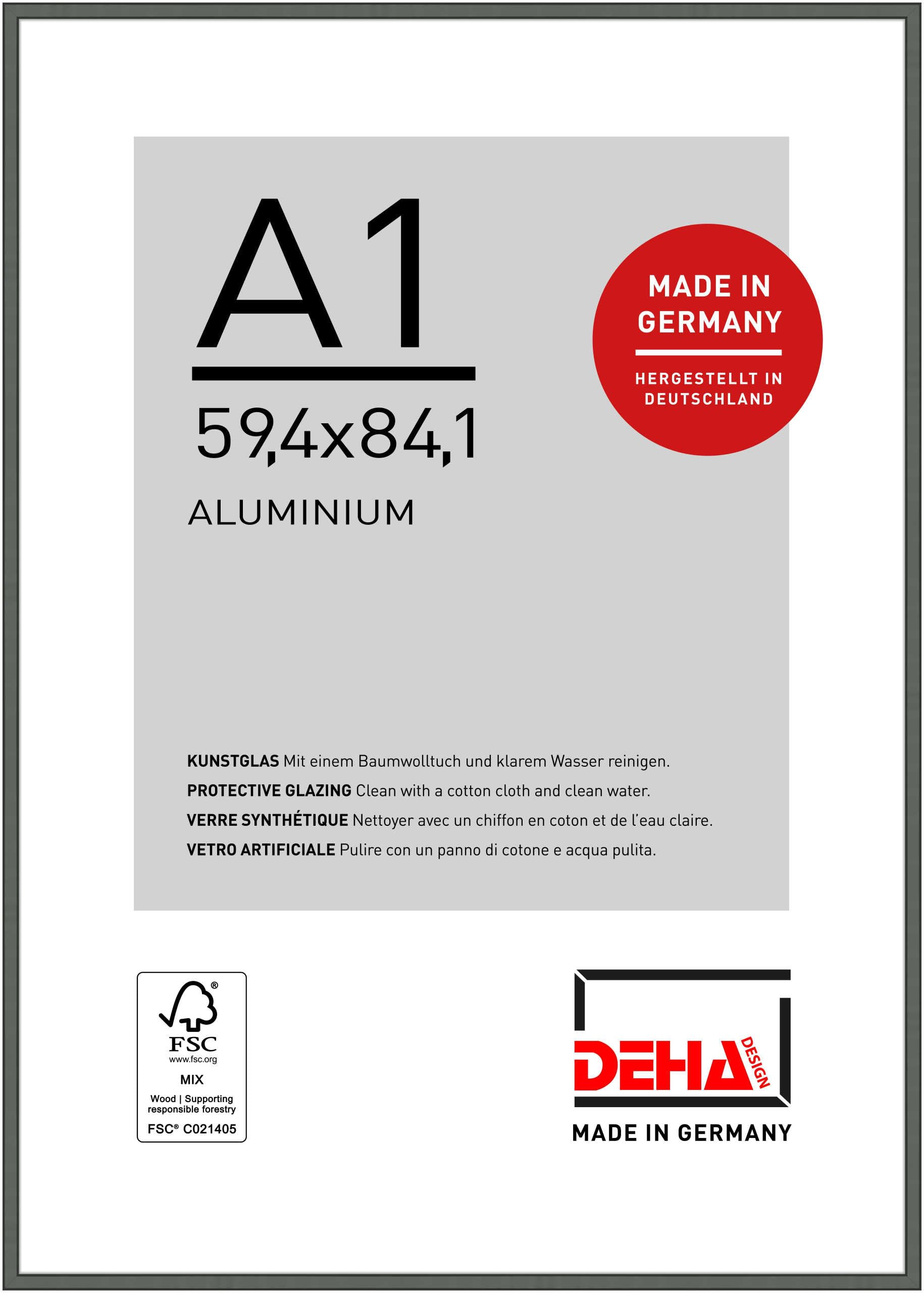 Deha Design Contrast Grey Boston Aluminium Picture Frame - A1 (59.4X84.1 Cm) – Grey - With Synthetic Glass And Push/Turn Clips