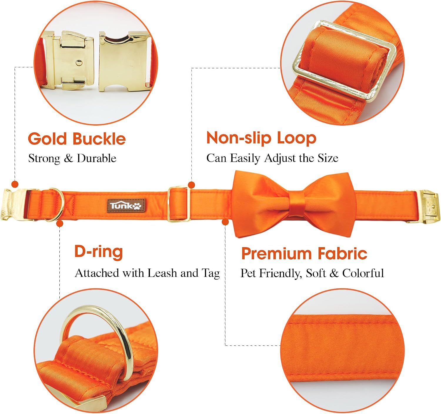 Tunkoo Orange Silk Dog Collar for Fall - Halloween & Thanksgiving Ready, Fashionable Bow & Gold Buckle, Ideal Gifts Outdoor Small Medium Large Dog Accessory, M image 2