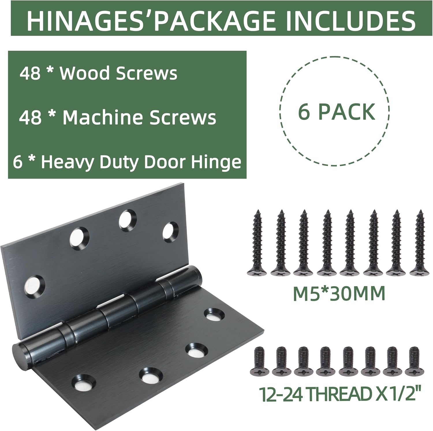 4.5 X 4.5 inch Black Heavy Duty Commercial Door Hinge Thickened, Silent Plain Steel Ball Bearing Door Hinges, Thickness 3 mm Stainless Steel Square Corners with 48 Screws 6-Pack