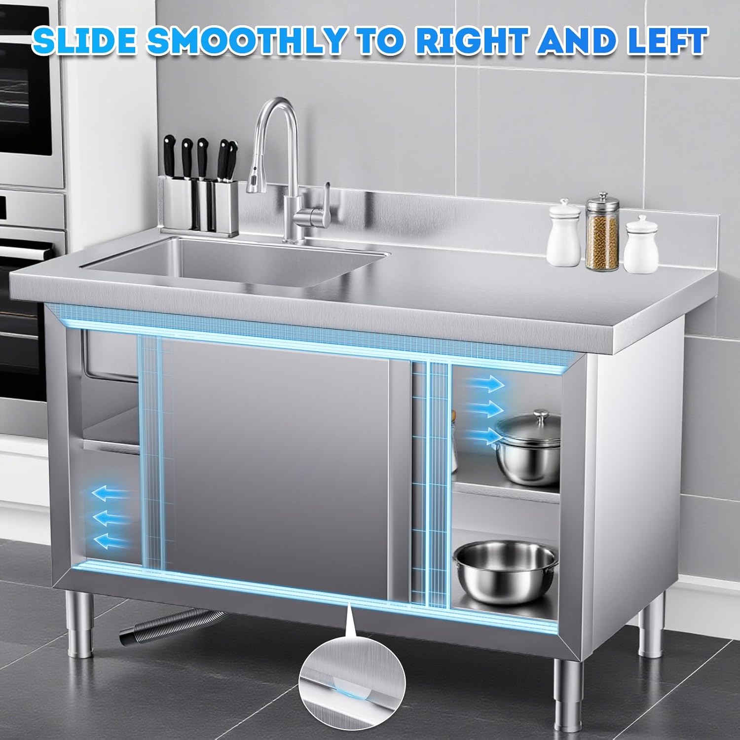 Stainless Steel Utility Sink, Free Stand Commercial Kitchen Single Bowl Sink with Pull-Out Cold & Hot Faucet, Utility Sink for Laundry Room, Kitchen (Silver, XXL - 43.4''L x 22.5''W x 32''H)