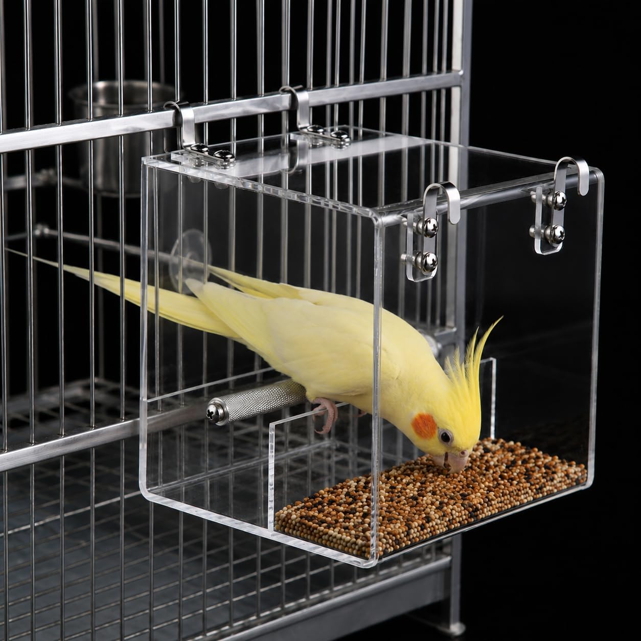 Pawfly No Mess Bird Feeder, Clear Acrylic Bird Cage Feeder, Hanging Bird Feeder for Cage, Parakeet Feeder, Bird Seed Catcher, Food Container for Parrot, Cockatiel, Budgie & Lovebird, Medium