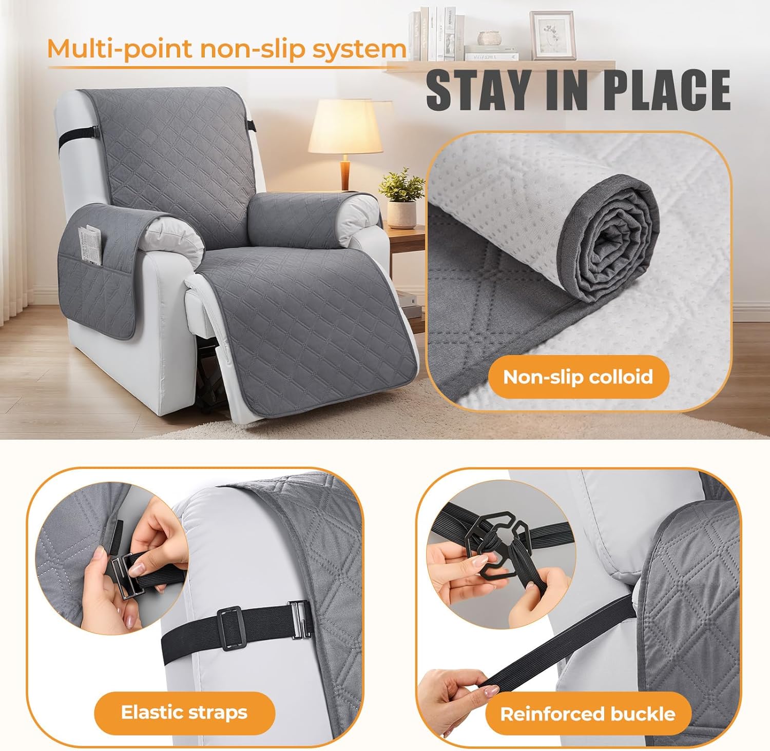 Songrey Waterproof Recliner Chair Covers, Non-Slip Chair Covers with Pocket, Elastic Straps, Washable Recliner Cover for Kids, Pets, Furniture Protector(Dark Gray, 30")