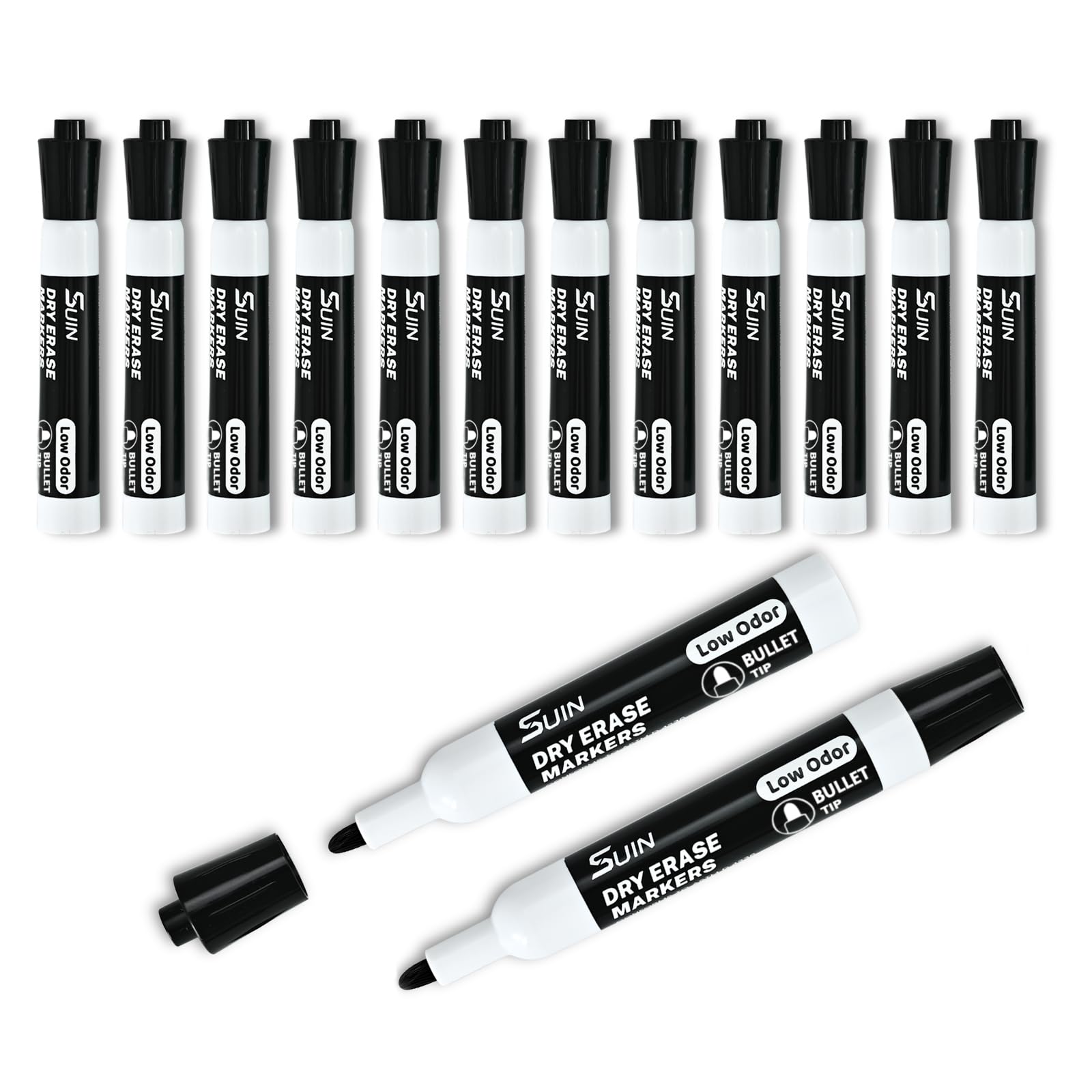 SUIN Whiteboard Pens, Dry Wipe Markers with 2.7mm Medium Bullet Tip, Low Odour Ink White Board Pens Washable, Ideal Office & Classroom Stationery Supplies (Black, 12 Pack)