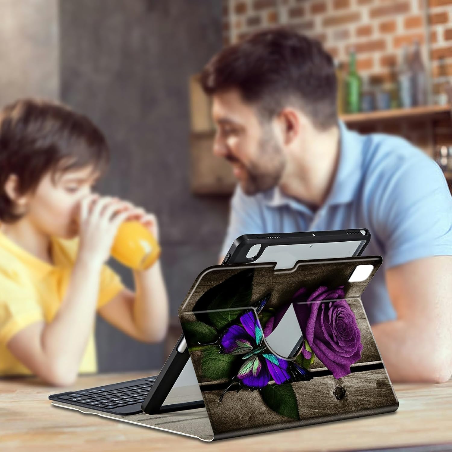 for iPad Pro 12.9 Case 6th/5th/4th Generation 2022/2021/2020 Detachable Wireless Keyboard & 360 Rotating Stand PU Leather Cover with Pen Holder Protective Case - Purple Rose and Butterflies