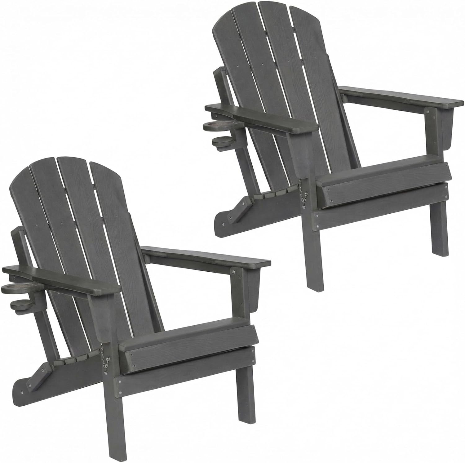 Folding Adirondack Chairs Set of 2, HDPE Plastic Adirondack Chair with Wood-Texture & Cup Holder, Fire Pit Chairs for Garden Backyard Porch