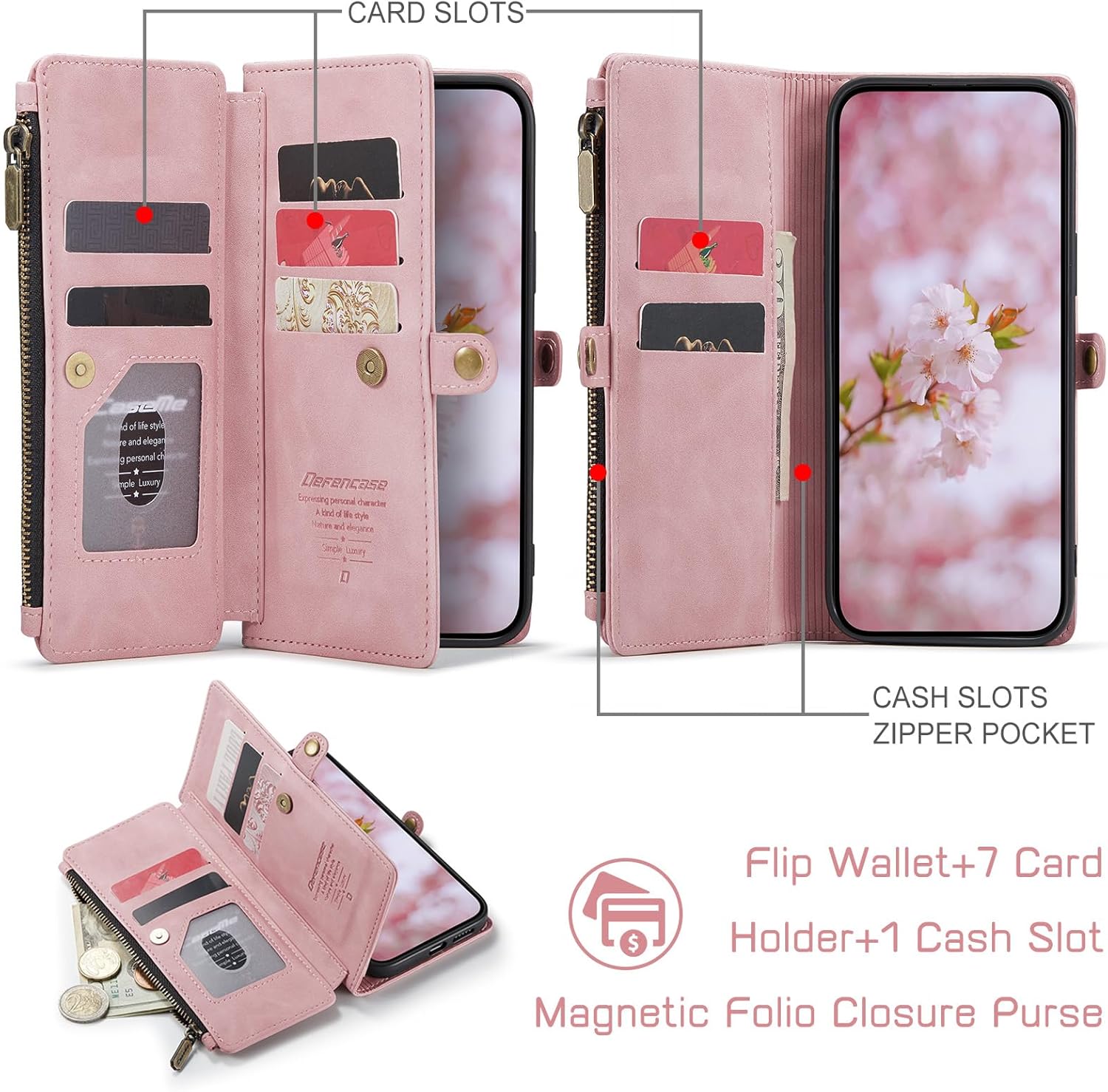 Defencase for Galaxy S25 Case Wallet with RFID Blocking Card Holder for Women Men, Elegant PU Leather Magnetic Snap Flip Wristlet Strap Zipper Wallet Phone Cases for Samsung Galaxy S25 5G 6.2", Pink - Image 3
