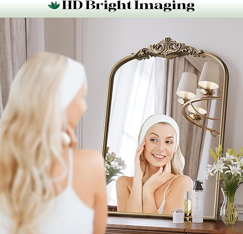 Miniatura 3 de Espejo de oro antiguo arqueado, espejo vintage barroco tradicional de 24 x 36 pulgadas, espejo de latón de arco adornado para sobre fregadero,