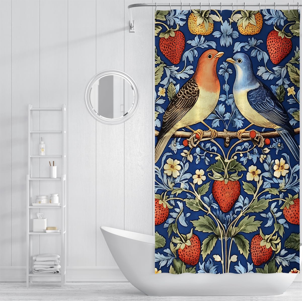 Niebieski zestaw zasłon prysznicowych z haczykami zasłony łazienkowe wodoodporny poliester zmywalny truskawkowy złodziej kwiat do wanny łazienkowej 180 x 200 cm
