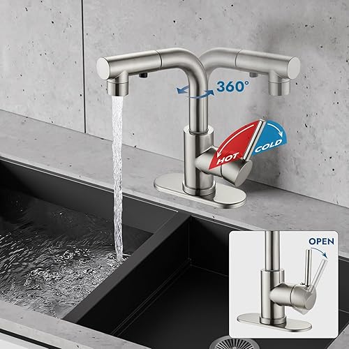 Miniatura 4 de Grifos de baño con rociador desplegable Grifos de fregadero de barra de níquel cepillado, montaje en cubierta de una sola manija, grifo de cocina