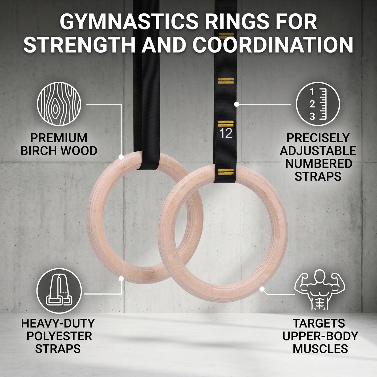 Sxhlseller Anillos de Gimnasia, Anillos de Entrenamiento con Correas Numeradas Ajustables y Construcción de Madera de Abedul para Ejercicio de Gimnasio en Casa y Entrenamiento de Cuerpo Completo