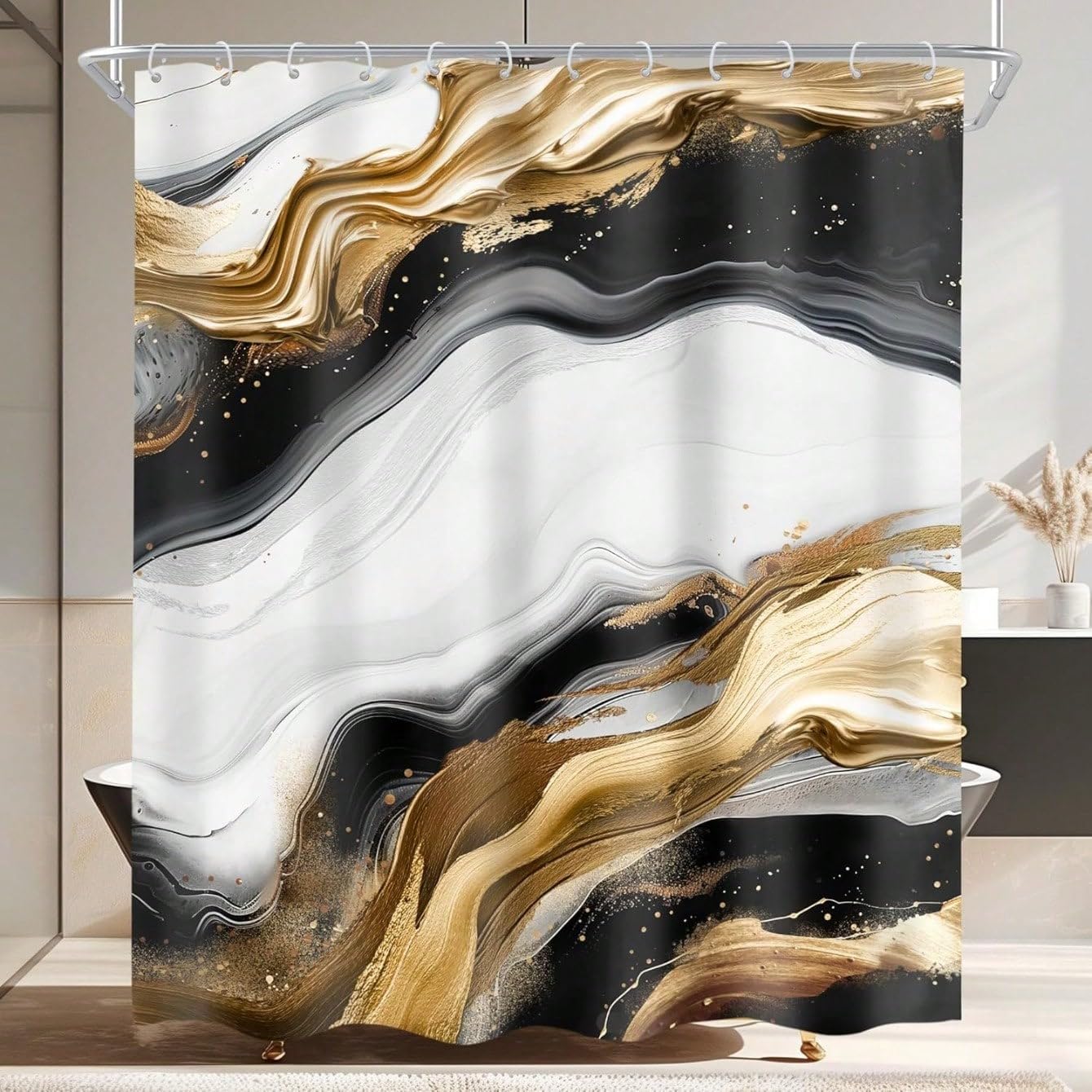 GLKSDLPO Abstract Marble Ombre Shower Curtain, Modern Aesthetic Luxury Texture Golden Crack Neutral Bathroom Decor With Hooks(185x185cm/73x73in(WxH)