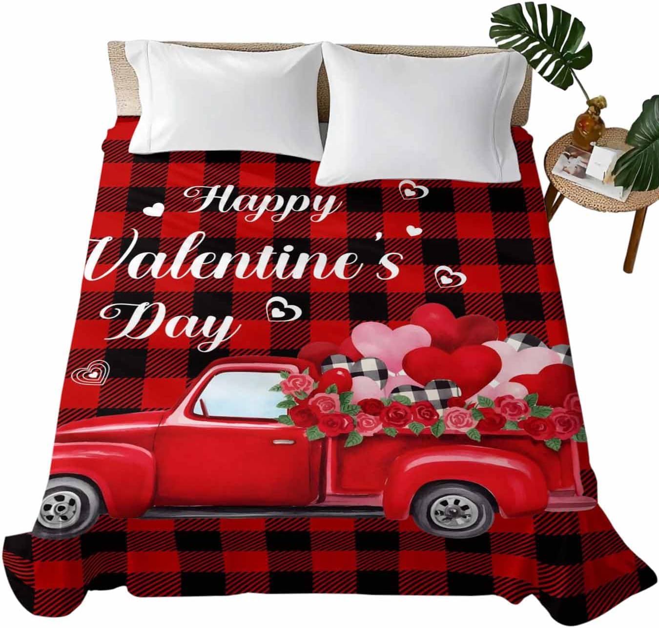Cal King Size Flat Sheet Only, Valentine Truck with Romantic Rose Love Heart Bed Top Sheet Soft Microfiber Breathable Bedding Flat Sheets, Buffalo Black Red Check Top Sheets Hotel Luxury