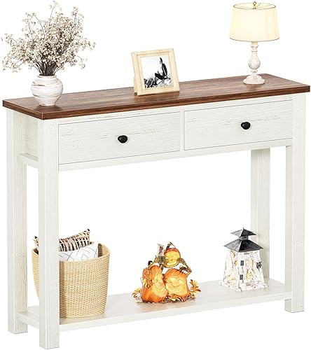 Homieasy Mesa consola de granja con 2 cajones, mesa de sofá pequeña de 32 pulgadas con estante de almacenamiento para sala de estar, detrás del