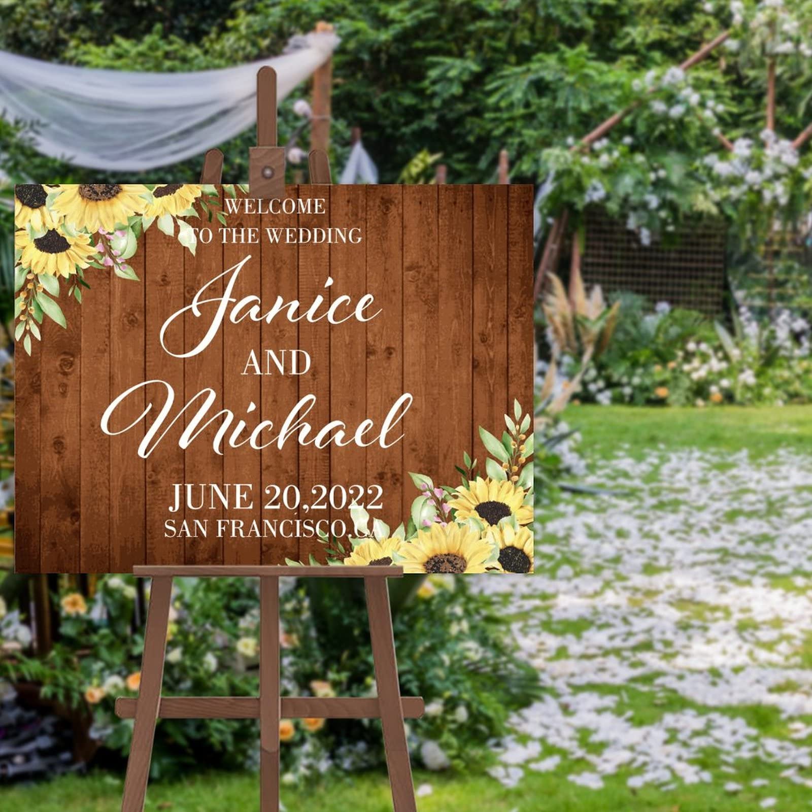 Panneau de mariage bienvenue personnalisé avec tournesols pour décoration d'entrée de cérémonie