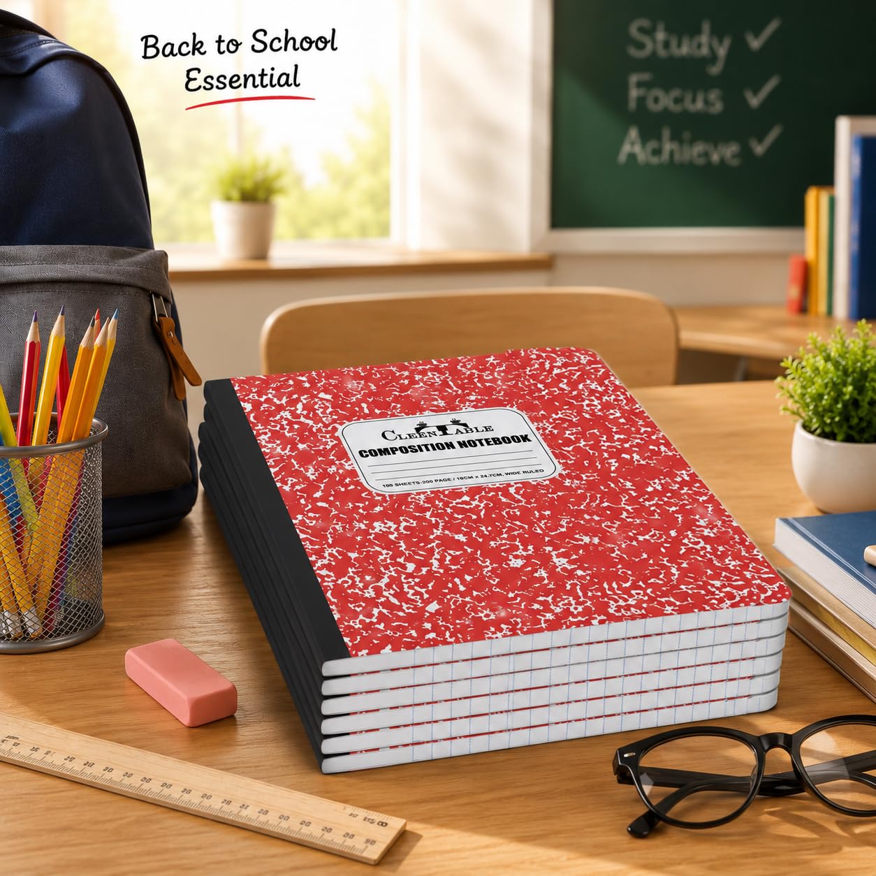 CLEENTABLE Lot de 8 carnets de composition en papier ligné pour l'école, carnet de notes scolaire, 24,5 x 18,5 cm, 100 feuilles, 200 pages, couverture marbrée – Rouge