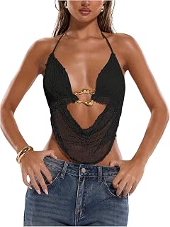 SHENHE Women's Sexy Halter Deep V Neck Open Back Going Out Rave Top