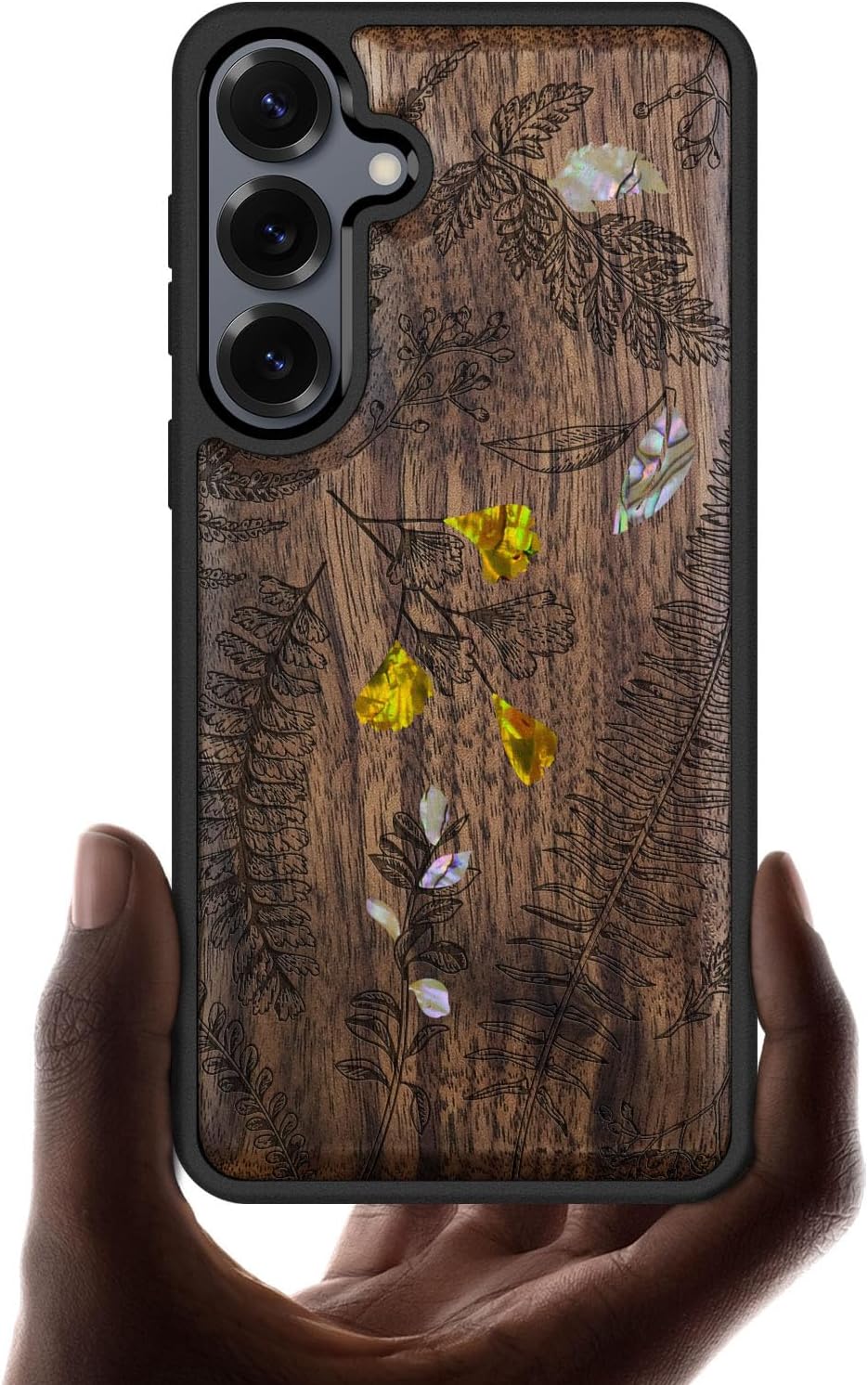 Carveit Magnetic Wooden Case for Galaxy S25+ / S25 Plus Case, Wood Artisan Engraved & Handmade Shell Inlaid, Compatible with MagSafe Wireless Chargers (Fern Leaves & Herbs) Rosy