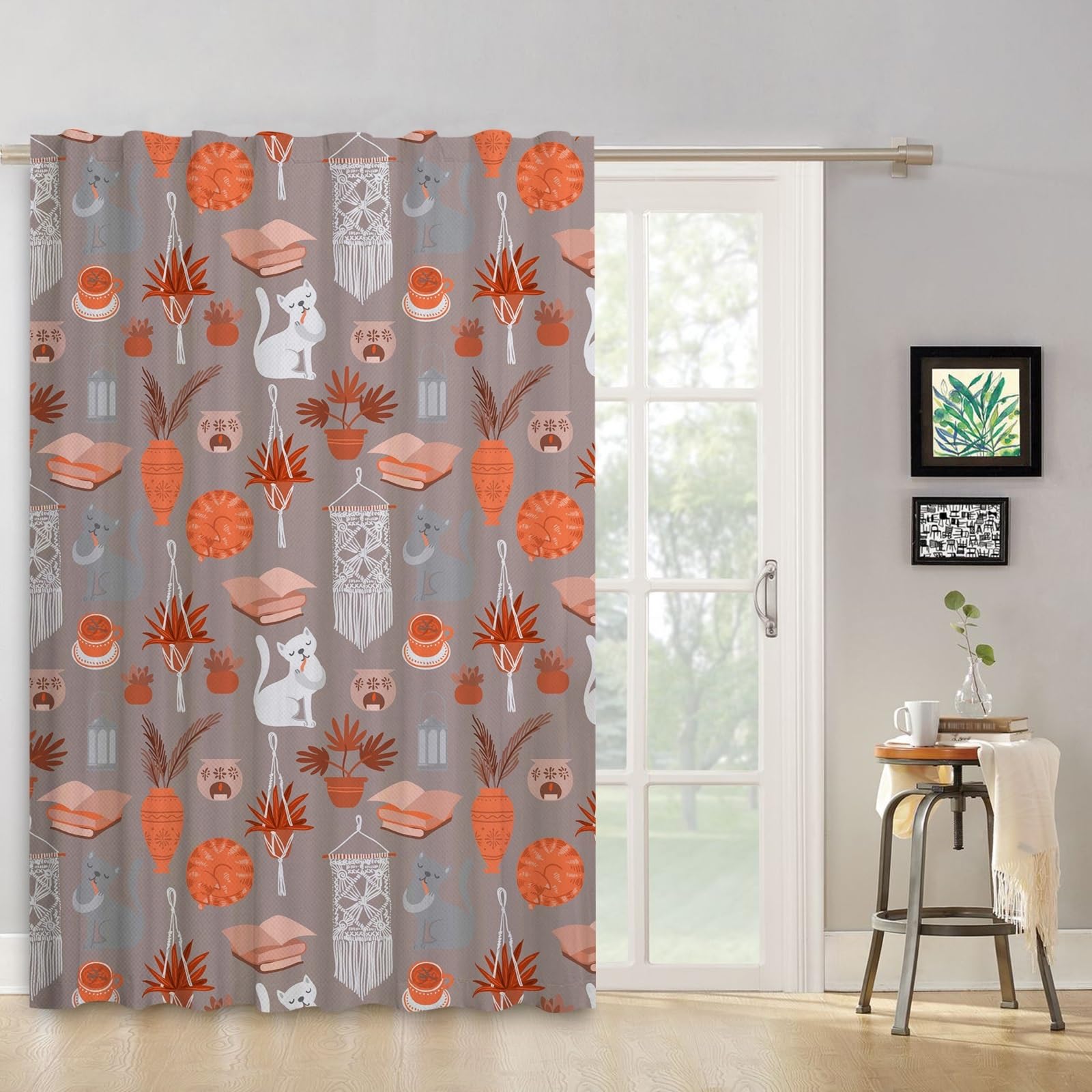 ggaimwf 42"x 63" Pencil Pleat Curtain Bohemian Cute Cat Potted Plants Book Hand Drawing Sweet Hoom Ethnic Exotic Style Light Filtering Linen Look Window Drapes for Bedroom Living Room,1-Single Panel - Image 3