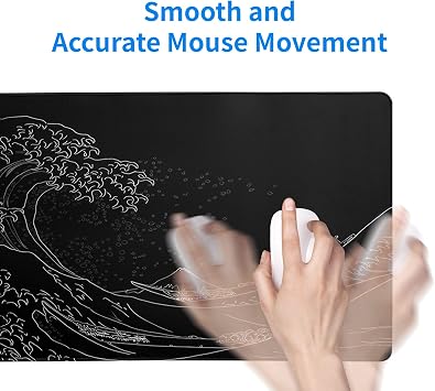 Brecoy Japanese Sea Wave Large Mouse Pad, Anime Black Gaming, Extended Kanagawa Mat Desk Pad, 3mm Thick Long Non-Slip Rubber Base Mice Pad, 31.5 X 11.8 Inch