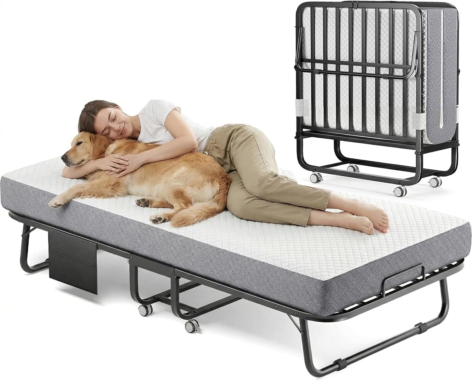 Decofy Folding Bed with Memory Foam Mattress, Portable Rollaway Guest Beds on Wheels, 75"x31" Twin Size Space-Saving Cot-Size Bed for Adults with Easy Assembly Metal Frame (White)