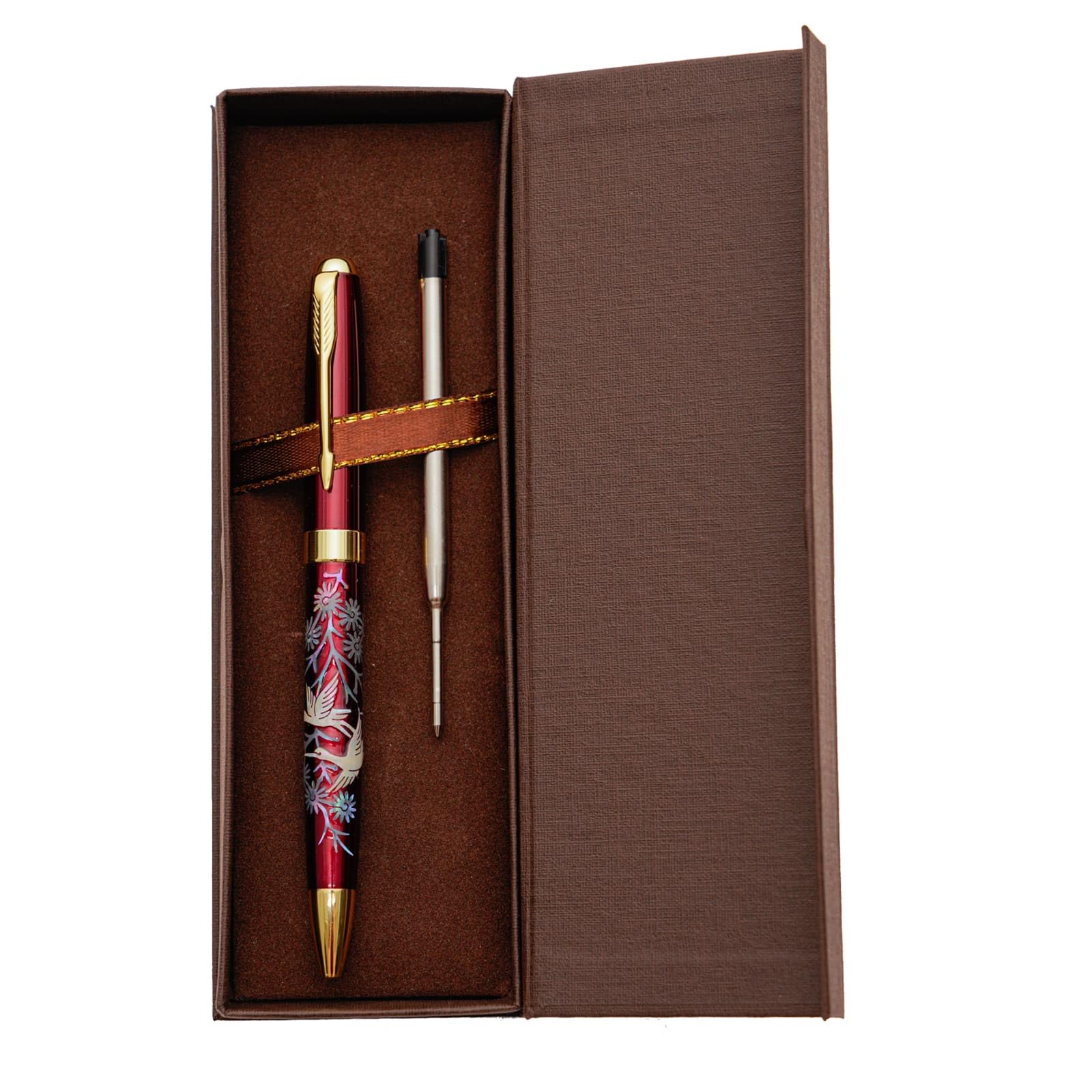 February Mountain Mother of Pearl Ballpoint Pen, Retractable Ballpoint Pens, for Gift, Business, Office, 1.0mm Medium Point Black Ink, Extras Replaceable Metal Refills (Crane-Red-Black Ink)