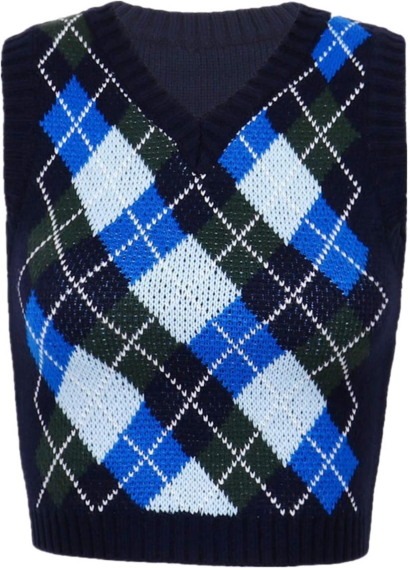 FEESHOW Women Streetwear Preppy Style Knitwear Tank Tops V Neck Argyle Plaid Knitted Sweater Vest