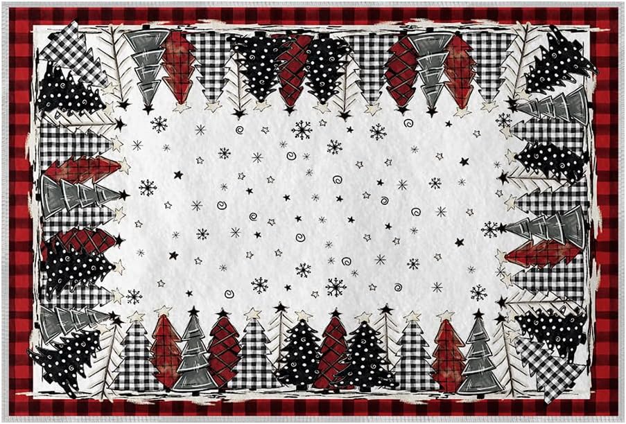 Artoid Mode Watercolor Buffalo Plaid Xmas Tree Merry Christmas Area Rug, Winter Home Decor Low-Profile Non-Slip Washable Runner Rug for Entryway Bedroom Living Room Laundry Room Indoor 2x6 Feet