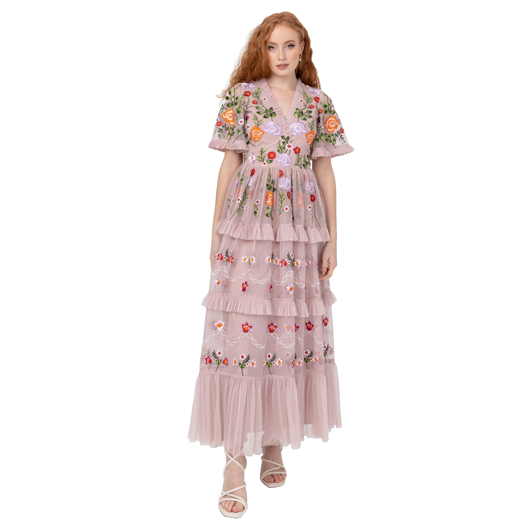 Maya Deluxe Women's Ladies Midi Dress V-Neck Short Sleeve Floral Embroidered Ruffle Lace Tulle Tiered A-Line For Wedding Guest Prom Vestido, Rubor Rosa, 34 para Mujer