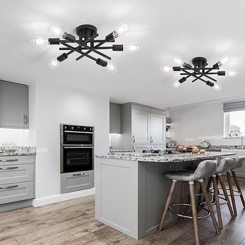 Miniatura 8 de ASGYISA Lámpara de Techo Semiempotrada de 6 Luces, Paquete de 2, Candelabro Sputnik Vintage Negro Mate, Luminaria de Techo para Casa de Campo,