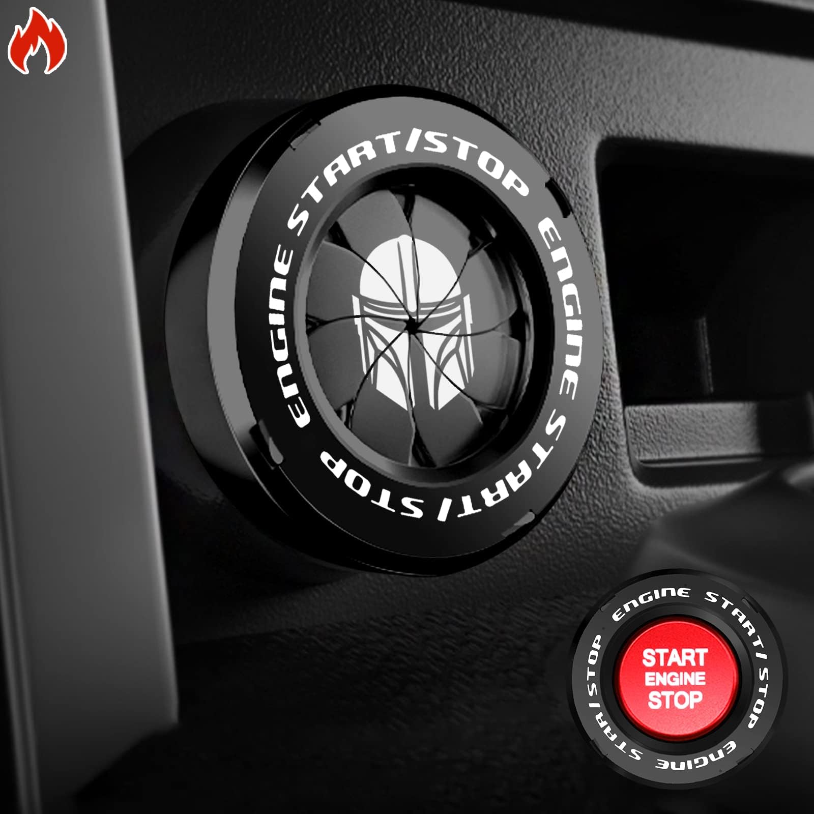 Tybasthe Rotary Push Start Button Cover, Mandalorian Car Accessories Engine Start Stop Button Cover, Car Stickers Interior Decor, Motorcycle Ignition Key Switch Cover, Black